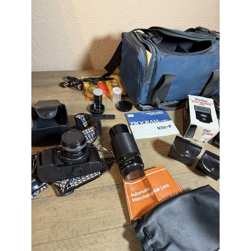 VINTAGE SEARS KSX-P 35 MM Film Camera 2 LENSES FILTERS STRAP FLASH Bag Plus Acc